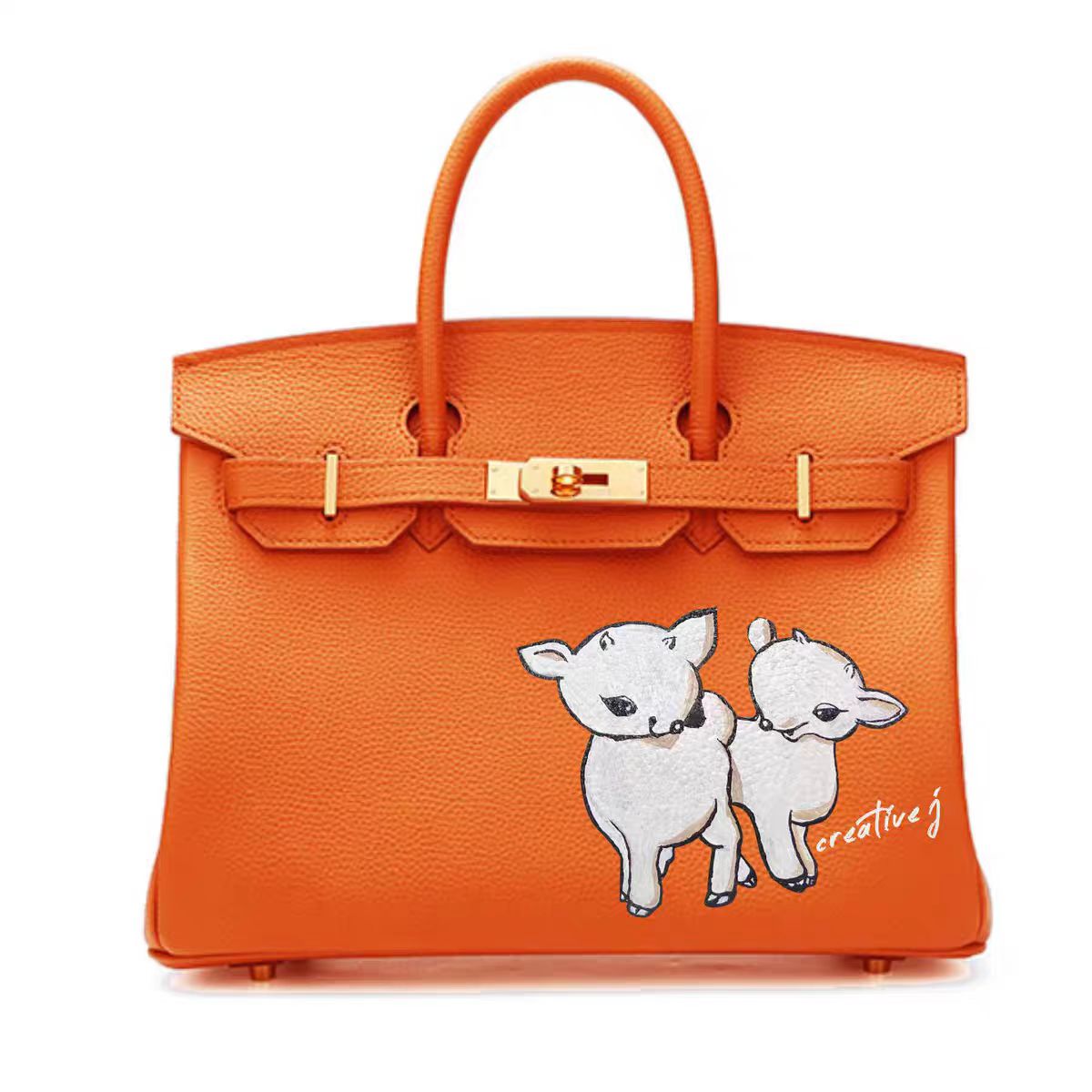 Sac style Birkin fait main en cuir grainé, avec motif cerf peint à la main (le nom peut être ajouté)