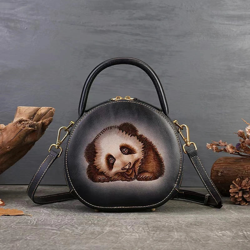 Vintage Style Small Round Bag with Panda Design