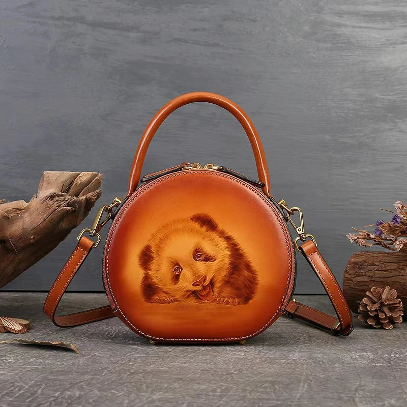 Vintage Style Small Round Bag with Panda Design