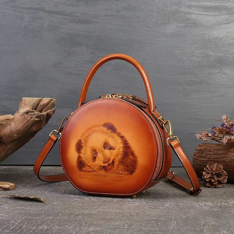 Vintage Style Small Round Bag with Panda Design