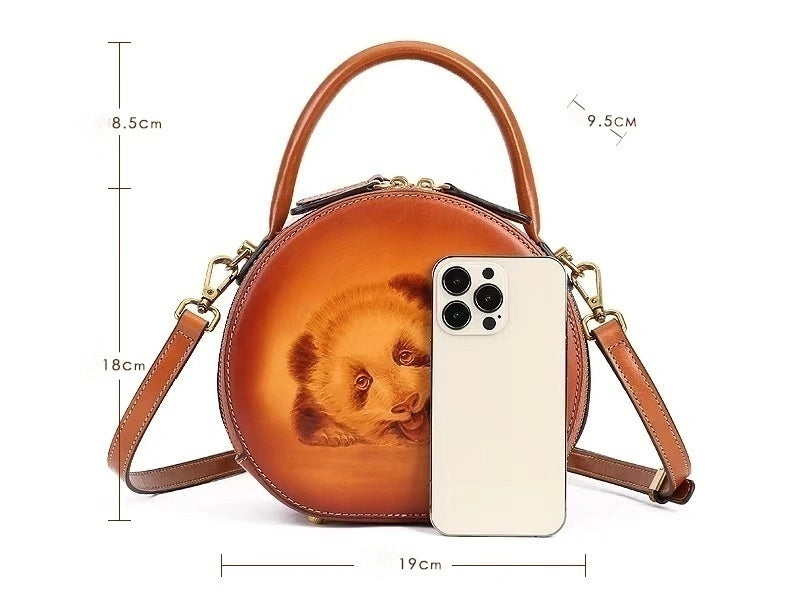 Vintage Style Small Round Bag with Panda Design