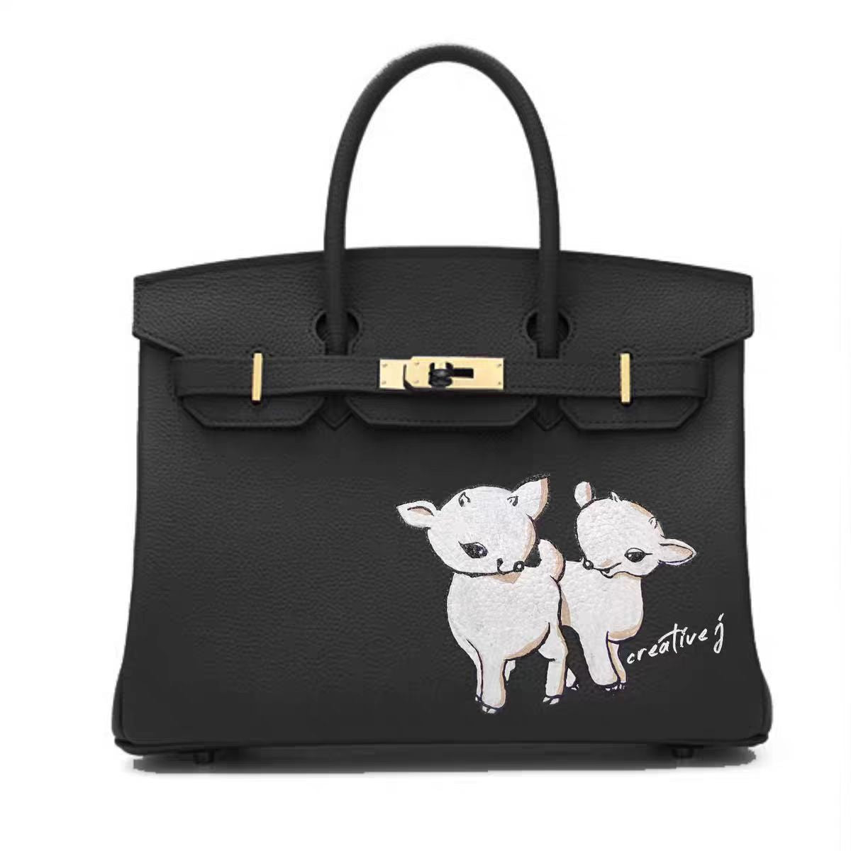 Handmade Birkin style bag made of grained leather, with hand-painted deer pattern (name can be added)