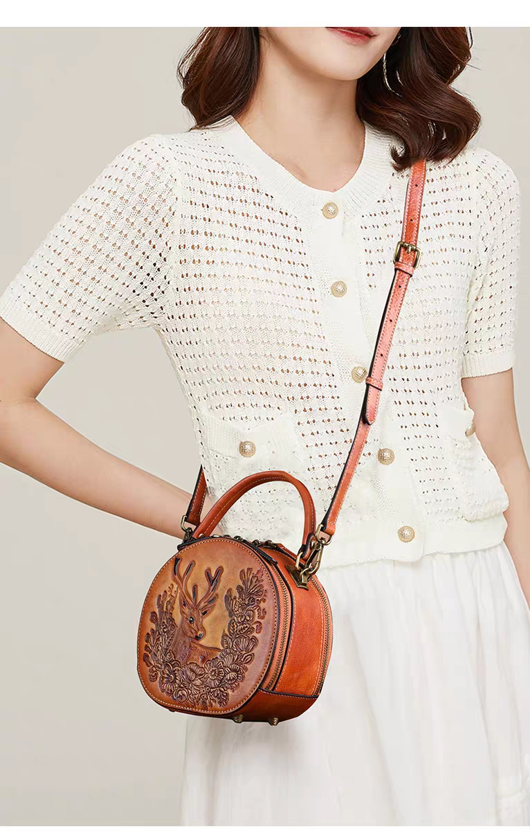 Vintage Style Small Round Bag with Deer Design