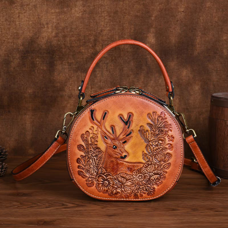 Vintage Style Small Round Bag with Deer Design