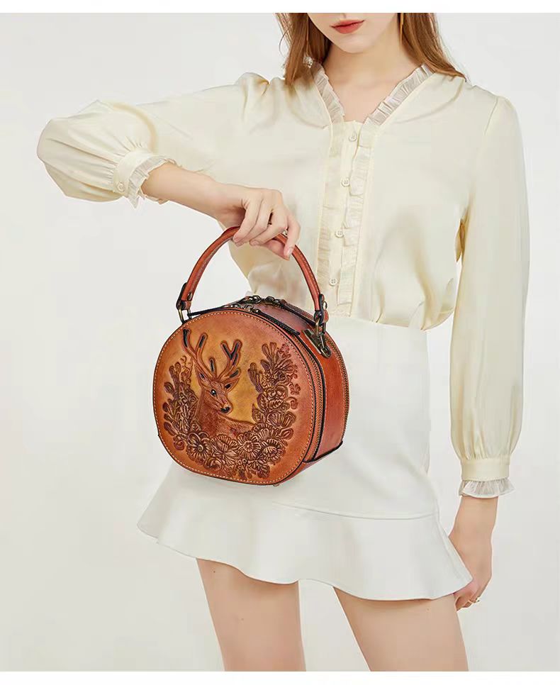 Vintage Style Small Round Bag with Deer Design