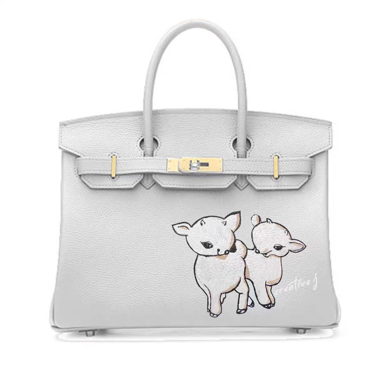 Sac style Birkin fait main en cuir grainé, avec motif cerf peint à la main (le nom peut être ajouté)