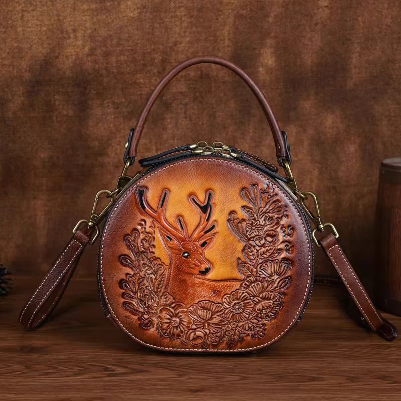 Vintage Style Small Round Bag with Deer Design