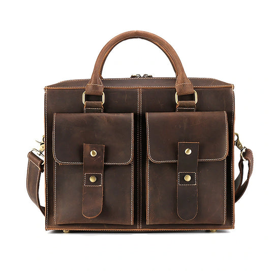 Genuine Leather Men's Briefcase - Full-Grain Cowhide Horizontal Vintage Laptop Bag Crossbody Shoulder Bag