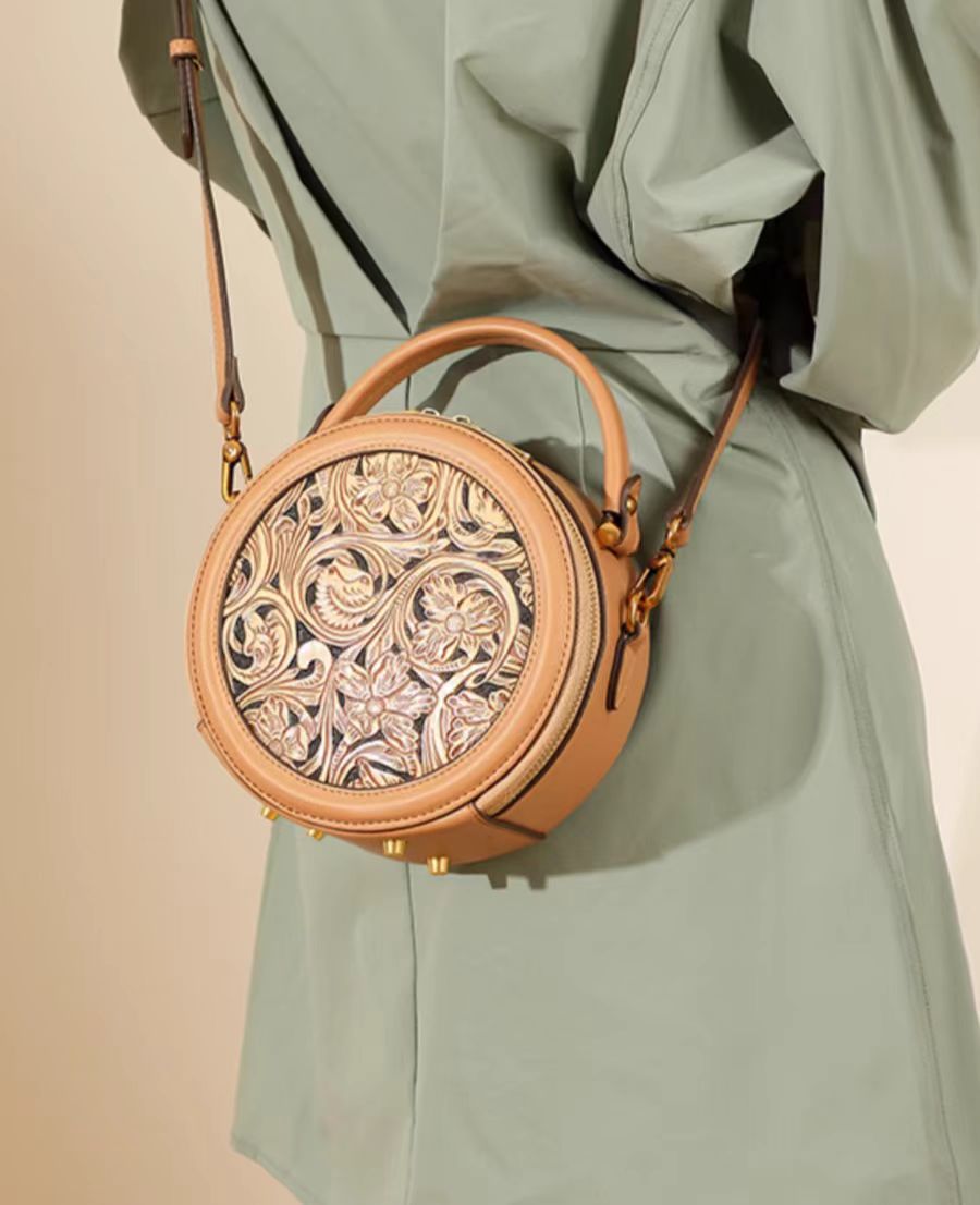 Genuine leather women's round bag | Convertible handbag | Ideal as a gift