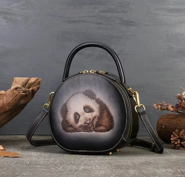 Vintage Style Small Round Bag with Panda Design