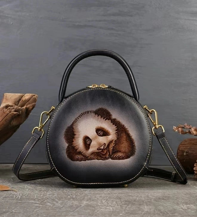 Vintage Style Small Round Bag with Panda Design