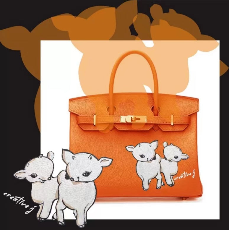 Handmade Birkin style bag made of grained leather, with hand-painted deer pattern (name can be added)