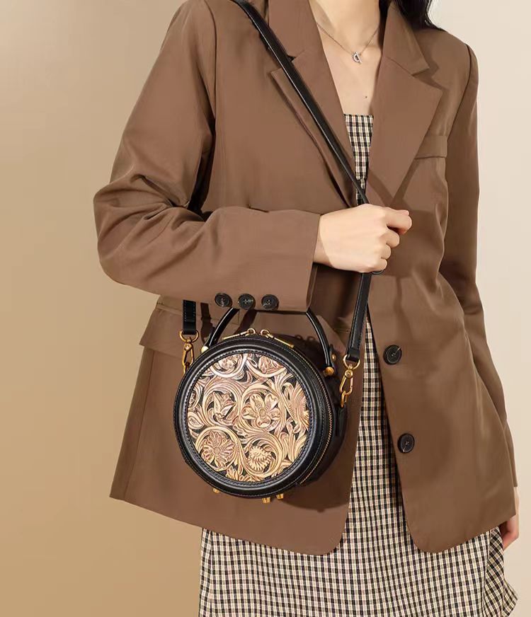 Genuine leather women's round bag | Convertible handbag | Ideal as a gift