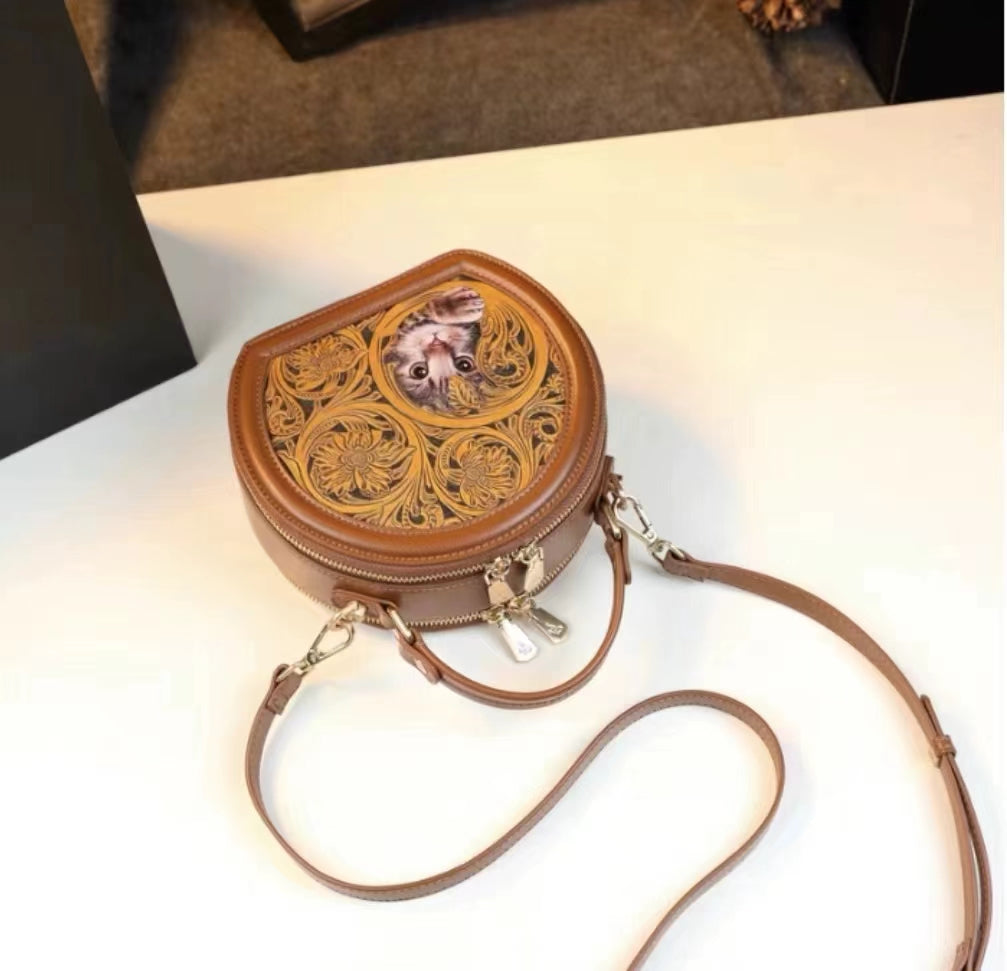 Small round leather carving handbag | 3D cat art handbag