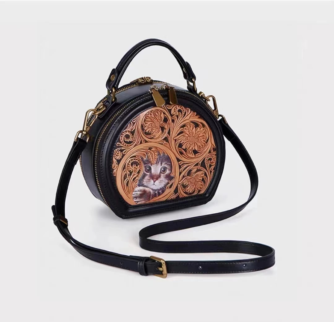 Small round leather carving handbag | 3D cat art handbag