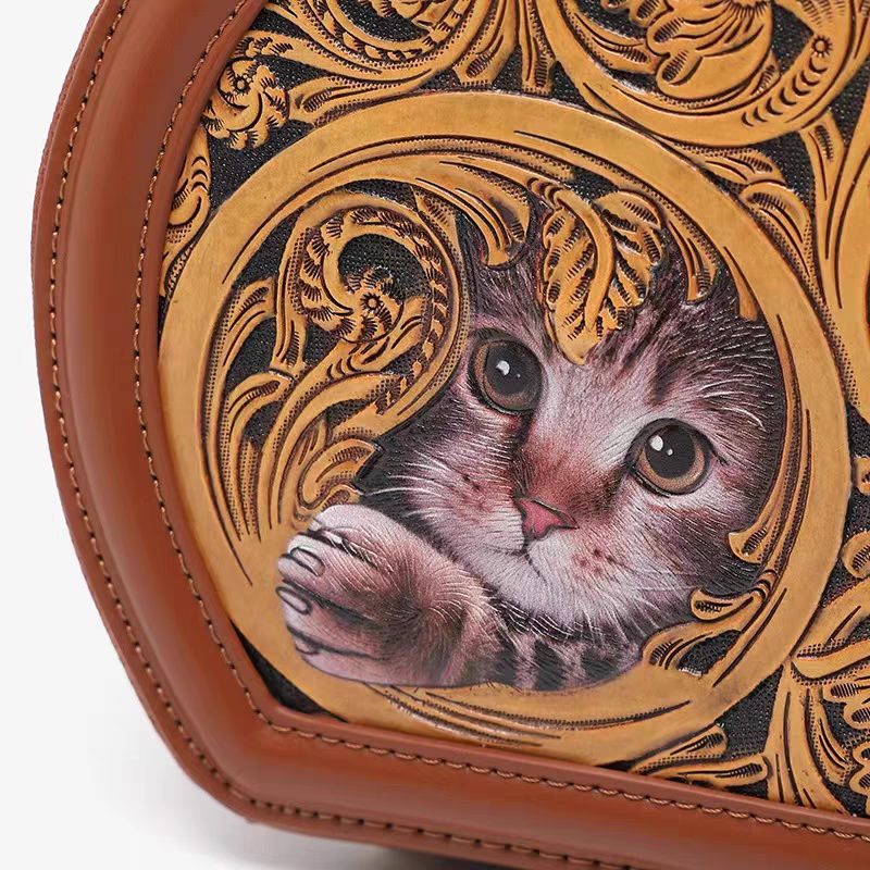 Small round leather carving handbag | 3D cat art handbag