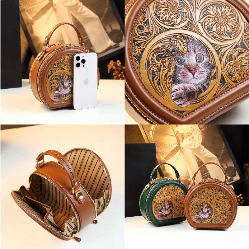 Kleine runde Leder-Schnitzerei-Handtasche | Kunsthandtasche mit 3D-Katzenmotiv