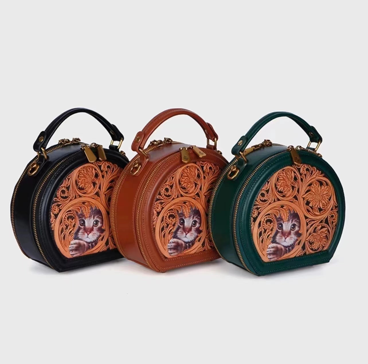 Small round leather carving handbag | 3D cat art handbag