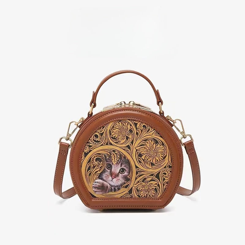 Small round leather carving handbag | 3D cat art handbag