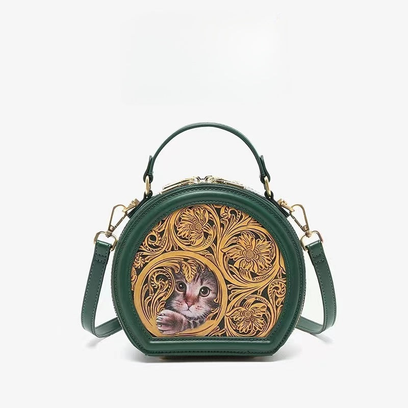 Small round leather carving handbag | 3D cat art handbag