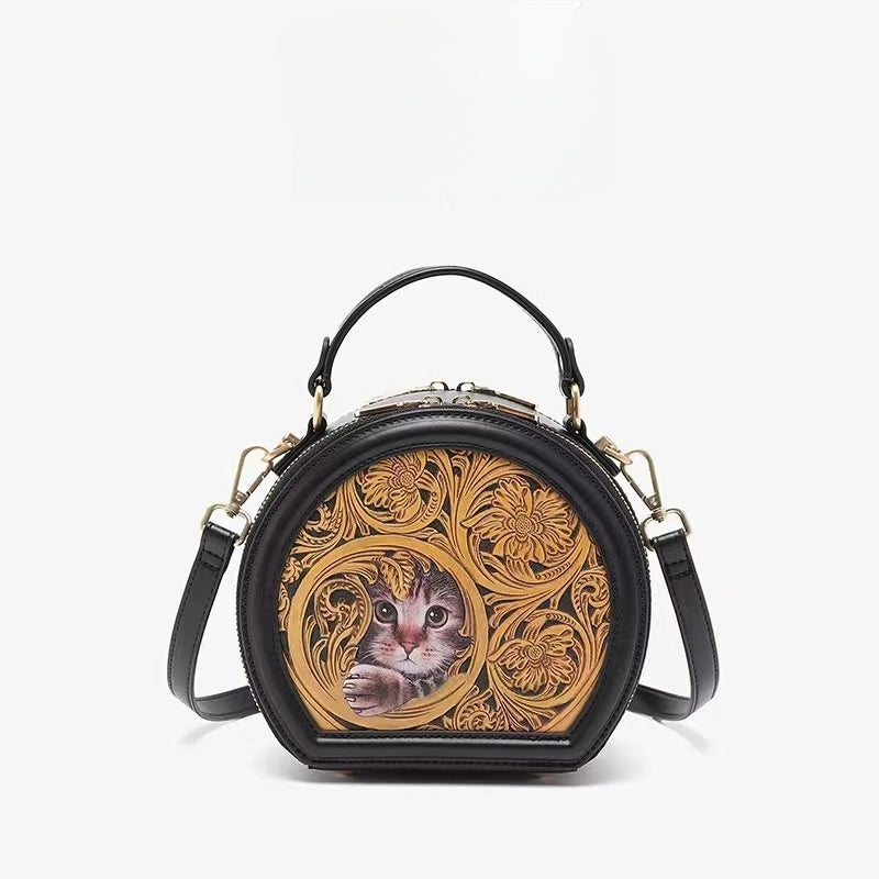 Small round leather carving handbag | 3D cat art handbag