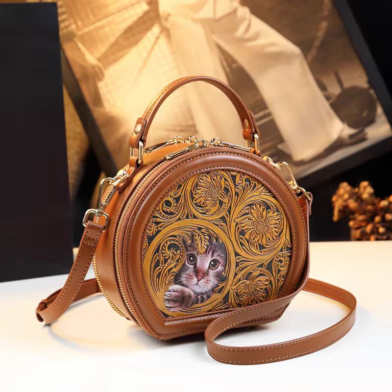 Small round leather carving handbag | 3D cat art handbag