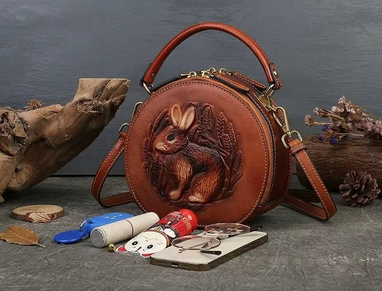 Vintage Style Small Round Bag with Rabbit Motif