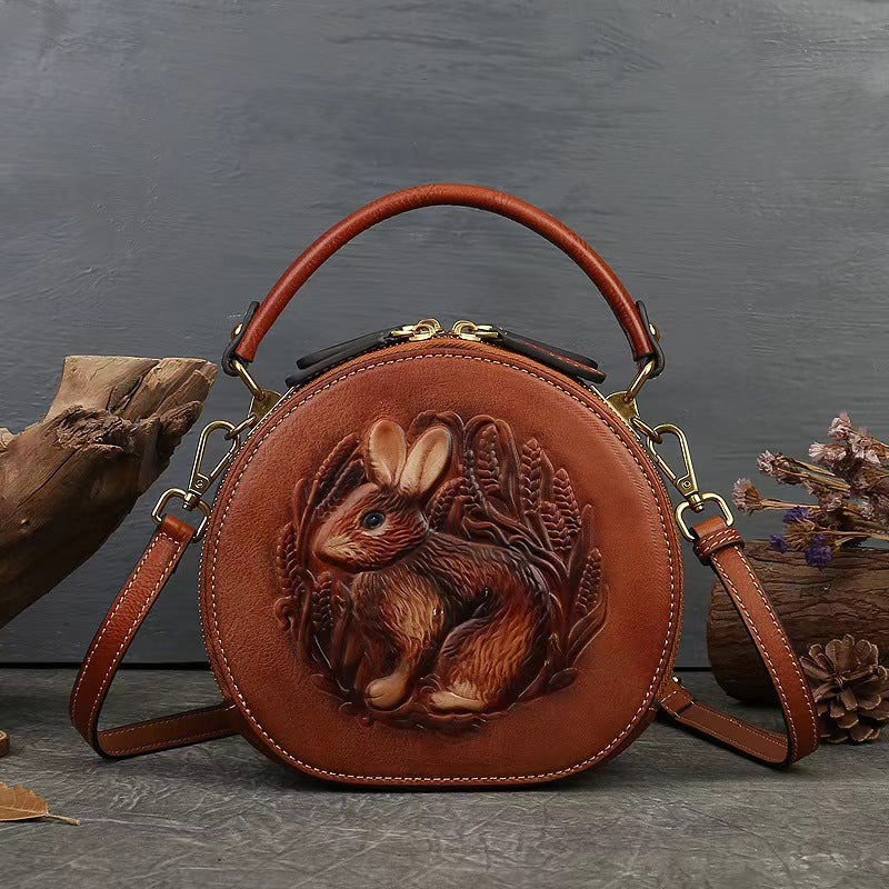 Vintage Style Small Round Bag with Rabbit Motif