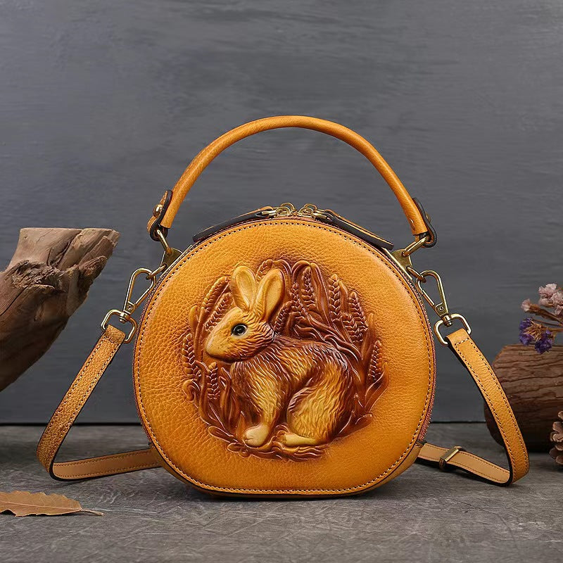 Vintage Style Small Round Bag with Rabbit Motif