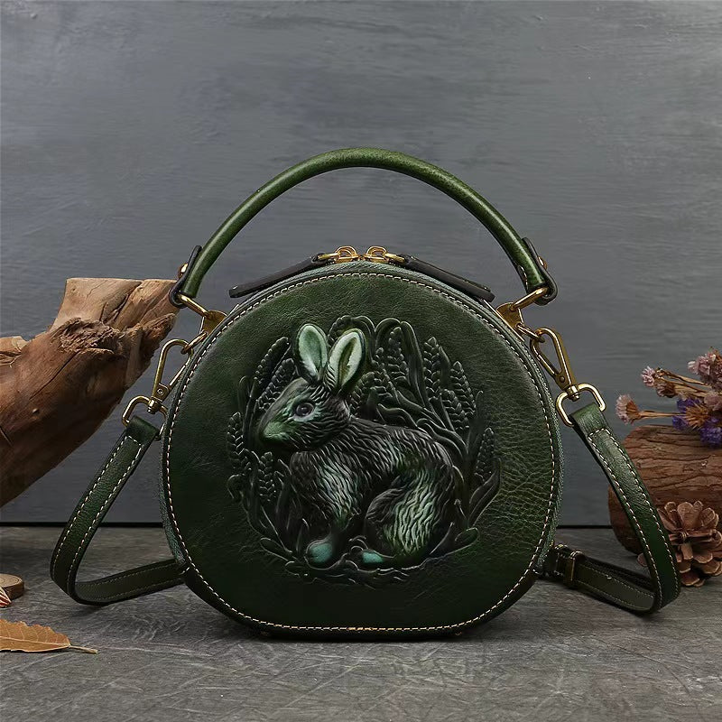 Vintage Style Small Round Bag with Rabbit Motif