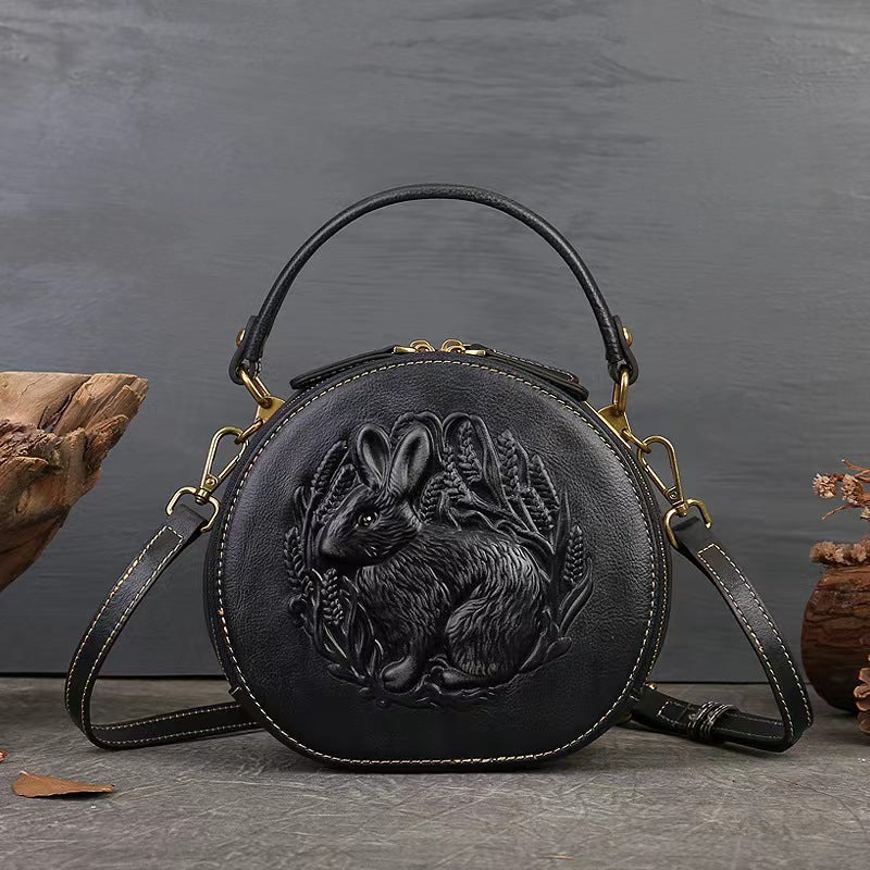 Vintage Style Small Round Bag with Rabbit Motif