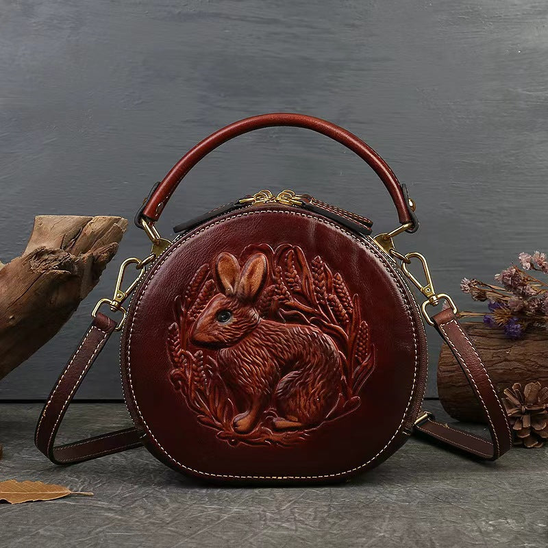 Vintage Style Small Round Bag with Rabbit Motif