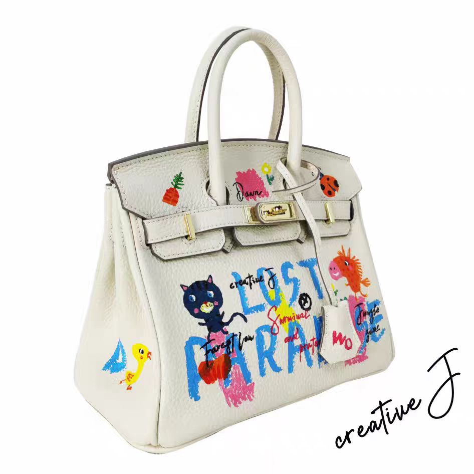 Handmade Birkin-style bag made of grained leather with hand-painted pattern of a lost paradise