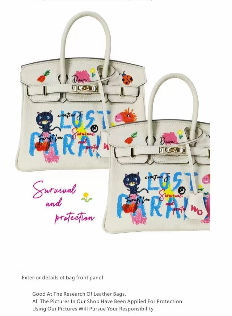 Handmade Birkin-style bag made of grained leather with hand-painted pattern of a lost paradise