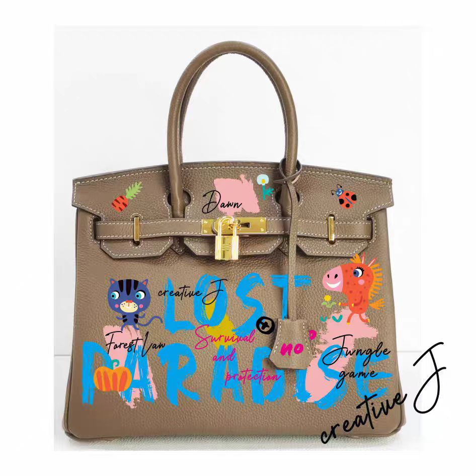 Handmade Birkin-style bag made of grained leather with hand-painted pattern of a lost paradise