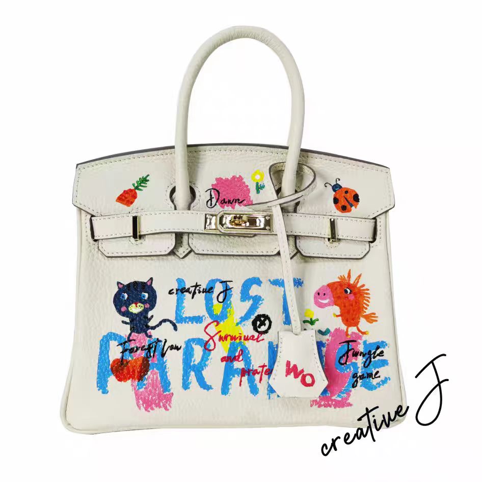 Sac de style Birkin fabriqué à la main en cuir grainé avec motif peint à la main d'un paradis perdu