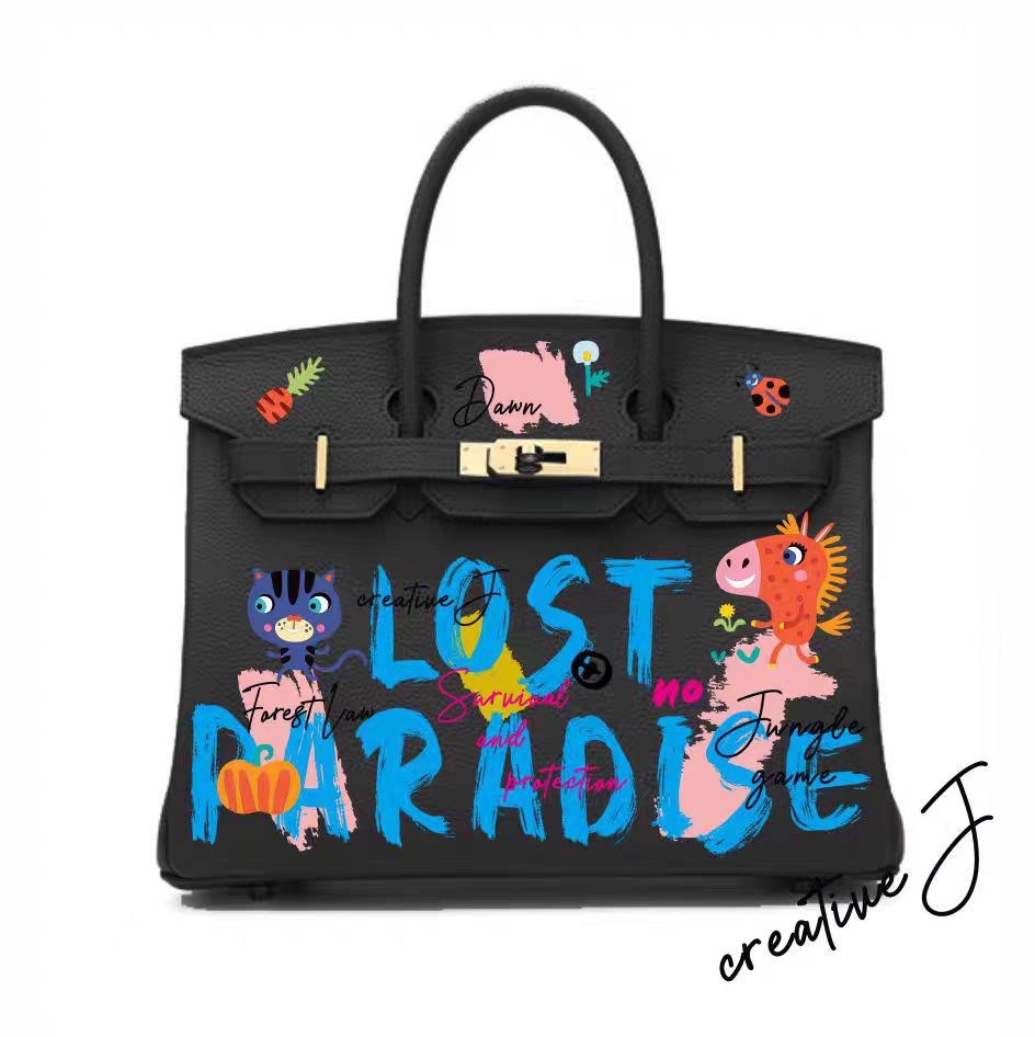 Handmade Birkin-style bag made of grained leather with hand-painted pattern of a lost paradise